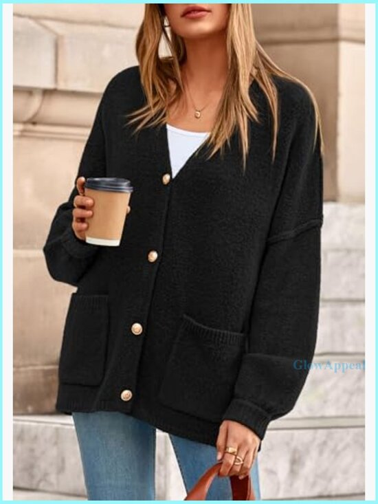 Oversized Chunky Cardigan with Lantern Sleeves and Pockets - Picture 2 of 7